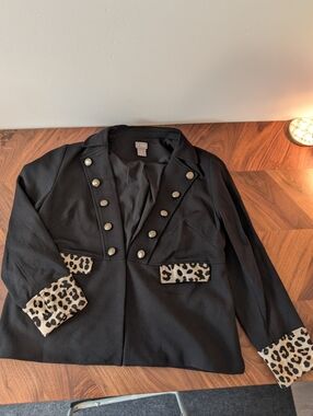 Chico's Black Military-Style Blazer with Leopard Trim